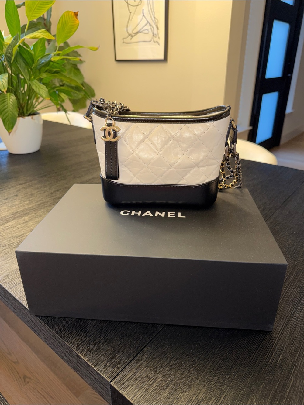 Authentic CHANEL Gabrielle Full Set White & Black Quilted Mini Crossbody Tote
